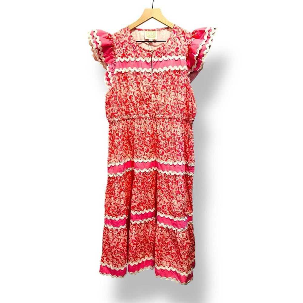 Sail to Sable STS Rose Print Flutter Sleeve Midi Dress Pink White | Size XL NWT - Picture 1 of 16